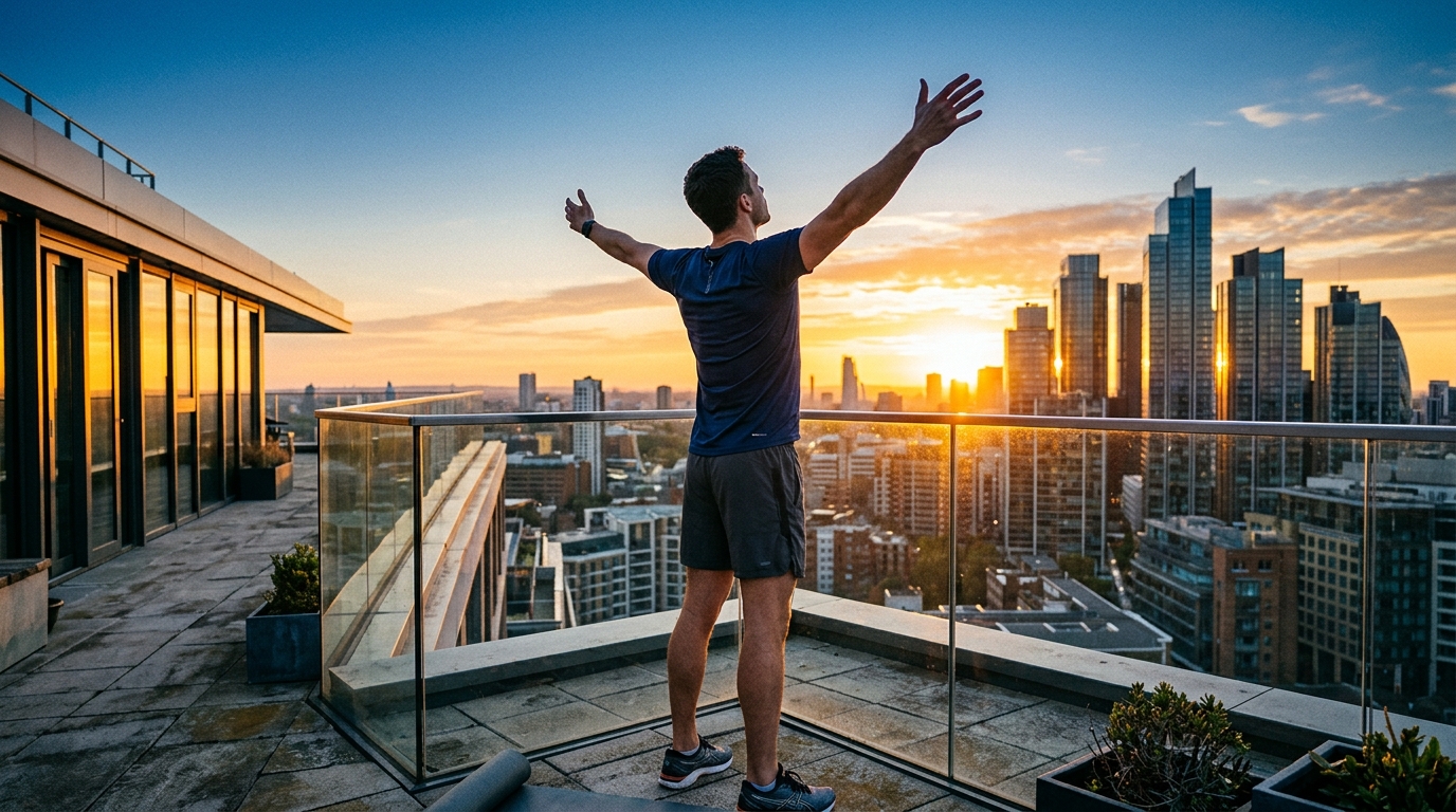 Persona sul tetto che guarda il sole all'alba sopra la città