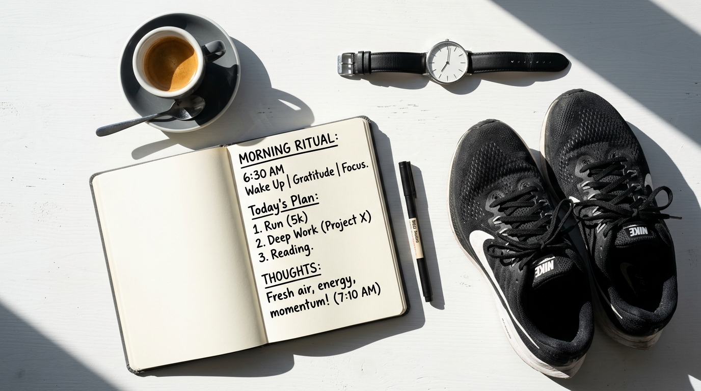 Setup mattutino minimalista con caffè e scarpe da running